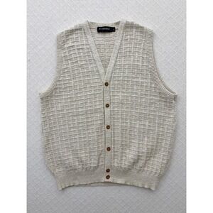 Vintage Carmel Basketweave Knit Button Front Sweater Vest Oatmeal Beige Mens Lrg